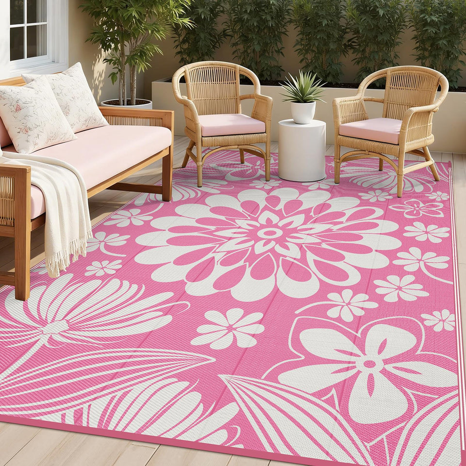 Ileading outdoor plastic straw rug pink floral reversible for patios and decks; easy to clean.