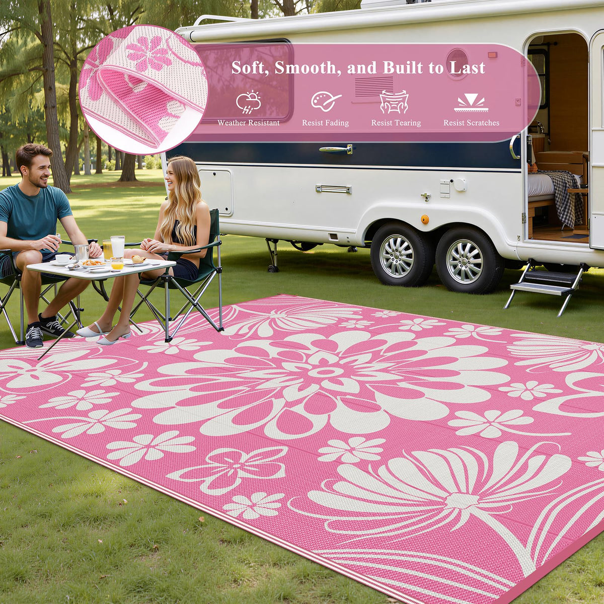 Ileading reversible rug foldable with bag for camping and travel convenience.