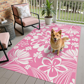 Ileading pink floral outdoor rug waterproof for poolside and beach.