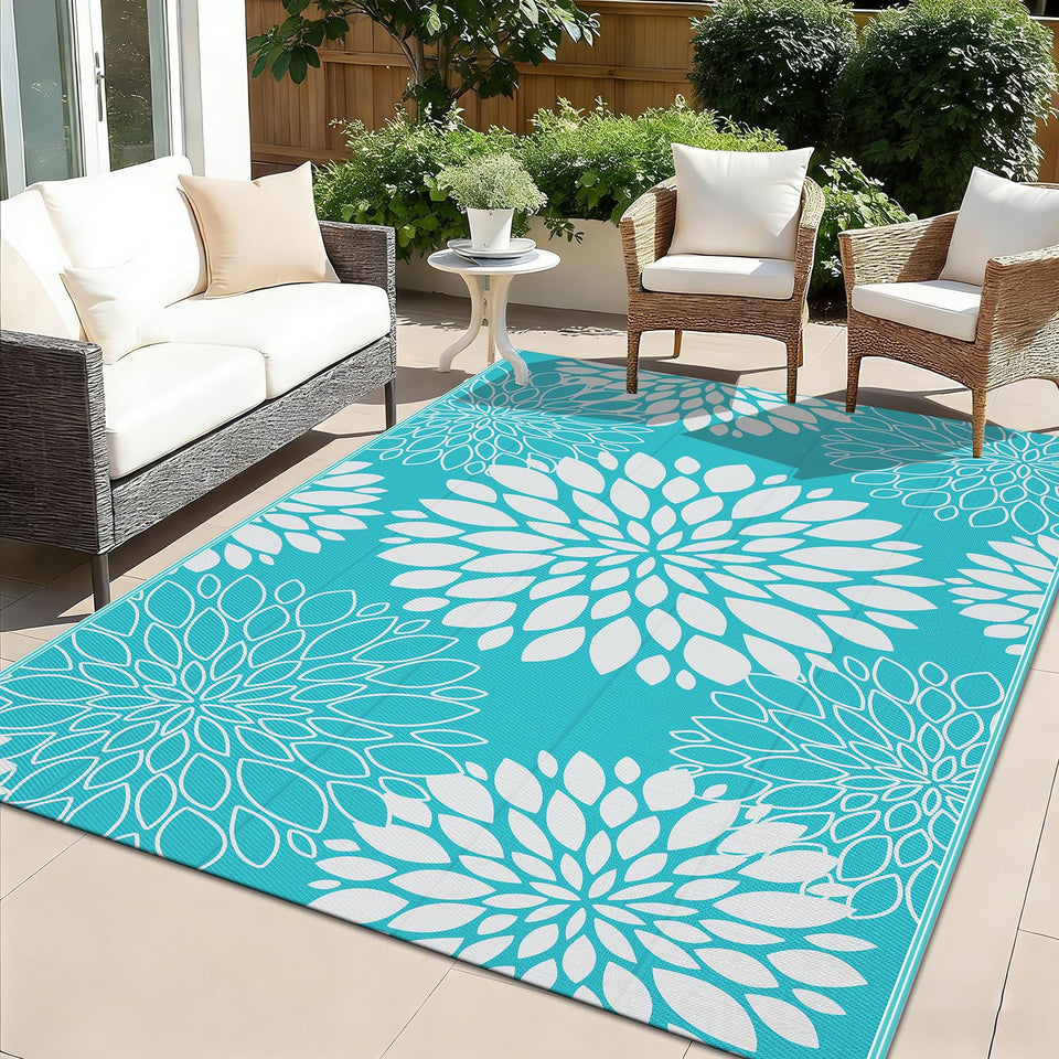 Ileading waterproof outdoor rug 5x8 teal floral design for patios