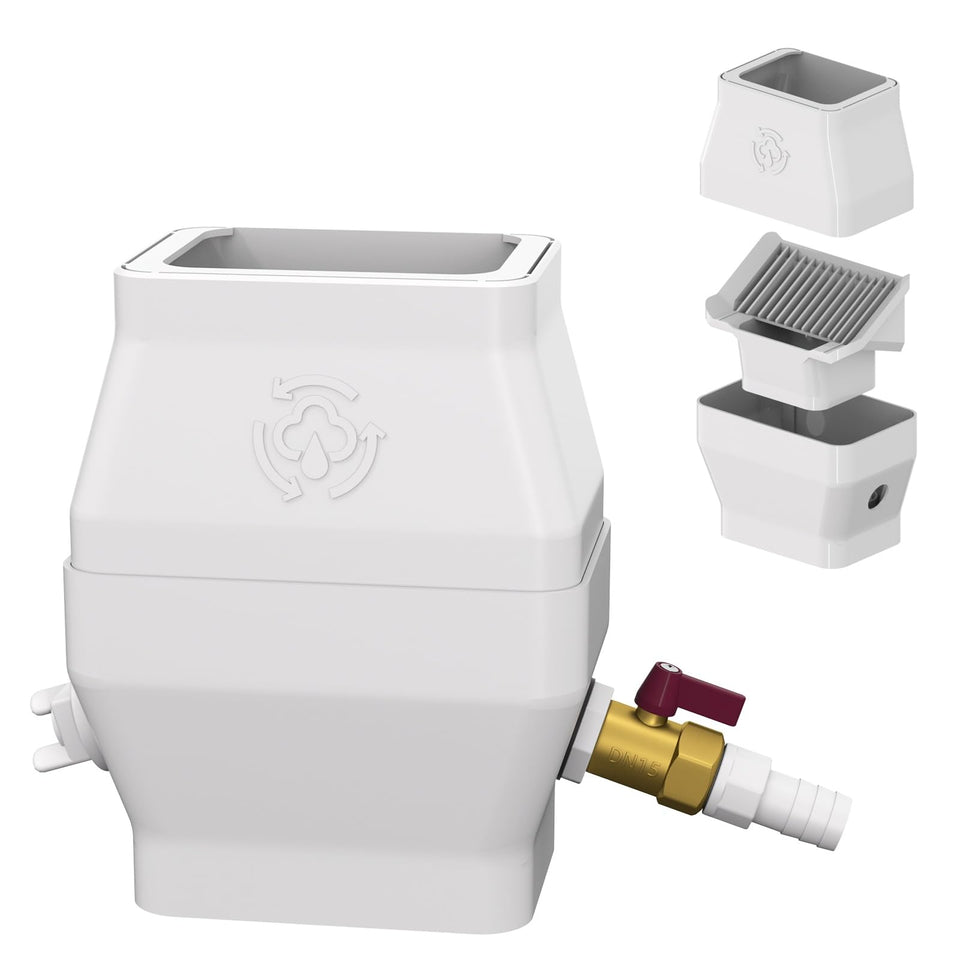 iLiveX rainbarrel diverter connects to downspout for efficient rain collection