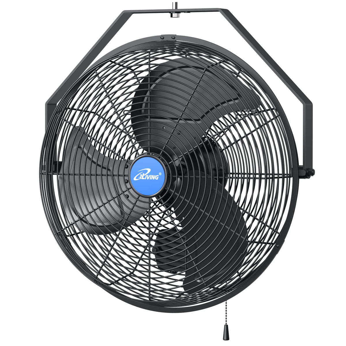 iLiving 18in wall fan front view delivering strong airflow for garages and patios.