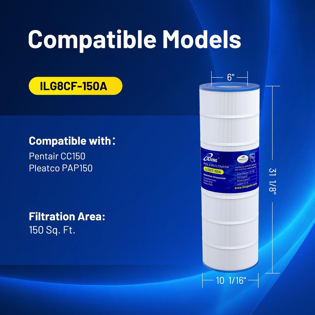 iLiving ILG8CF150A with 150 sq ft filtration area delivers cleaner water and fewer cleanings.