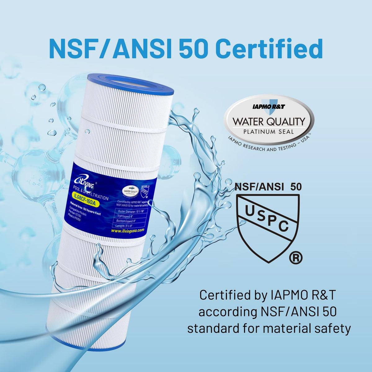 iLiving ILG8CF150A end caps resist chlorine for longer filter life.