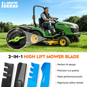 Easy-to-identify replacement blades for John Deere lawn tractors.