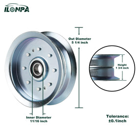 ILONPA flat idler pulley on-mower fit illustration demonstrates broad compatibility.
