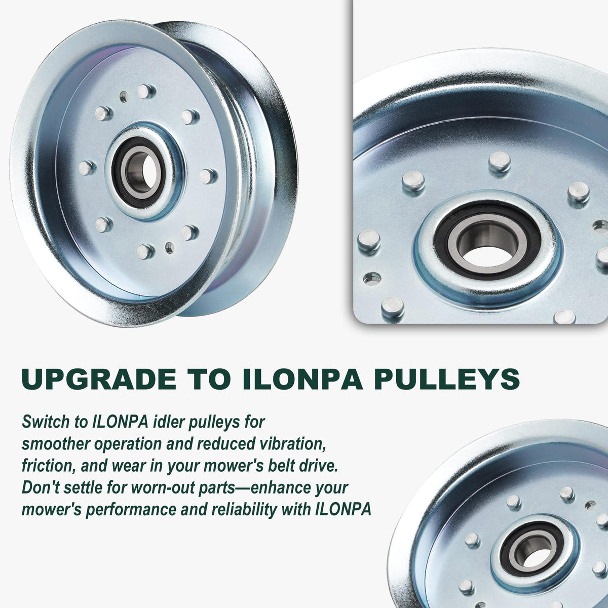 ILONPA flat idler pulley side view emphasizes compact profile for tight spaces.