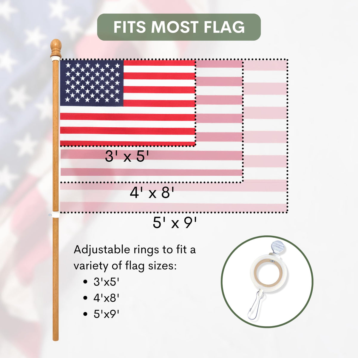 ILOT adjustable rings fit multiple flag sizes for versatile porch or yard displays.