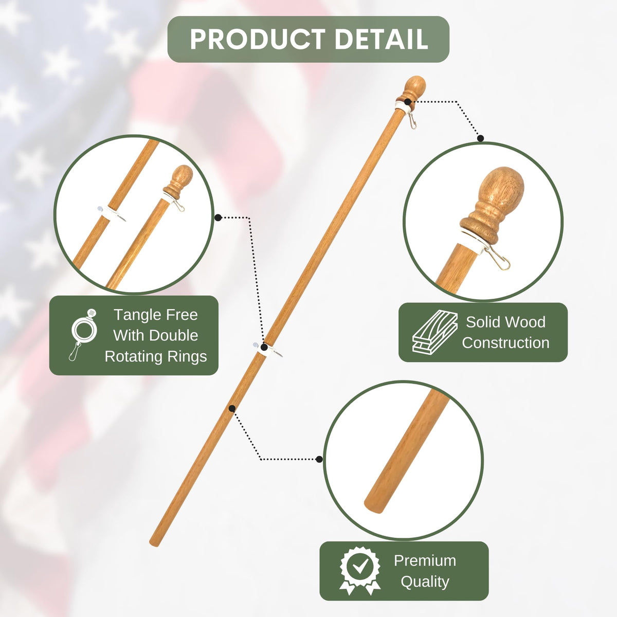 ILOT heavy-duty outdoor flag pole withstands weather with a sturdy wooden frame.