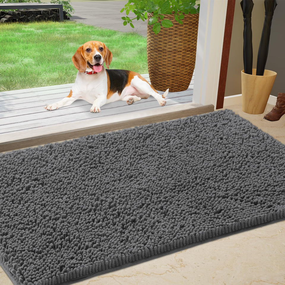 IM HOME chenille doormat at front entrance showing dirt-trapping surface