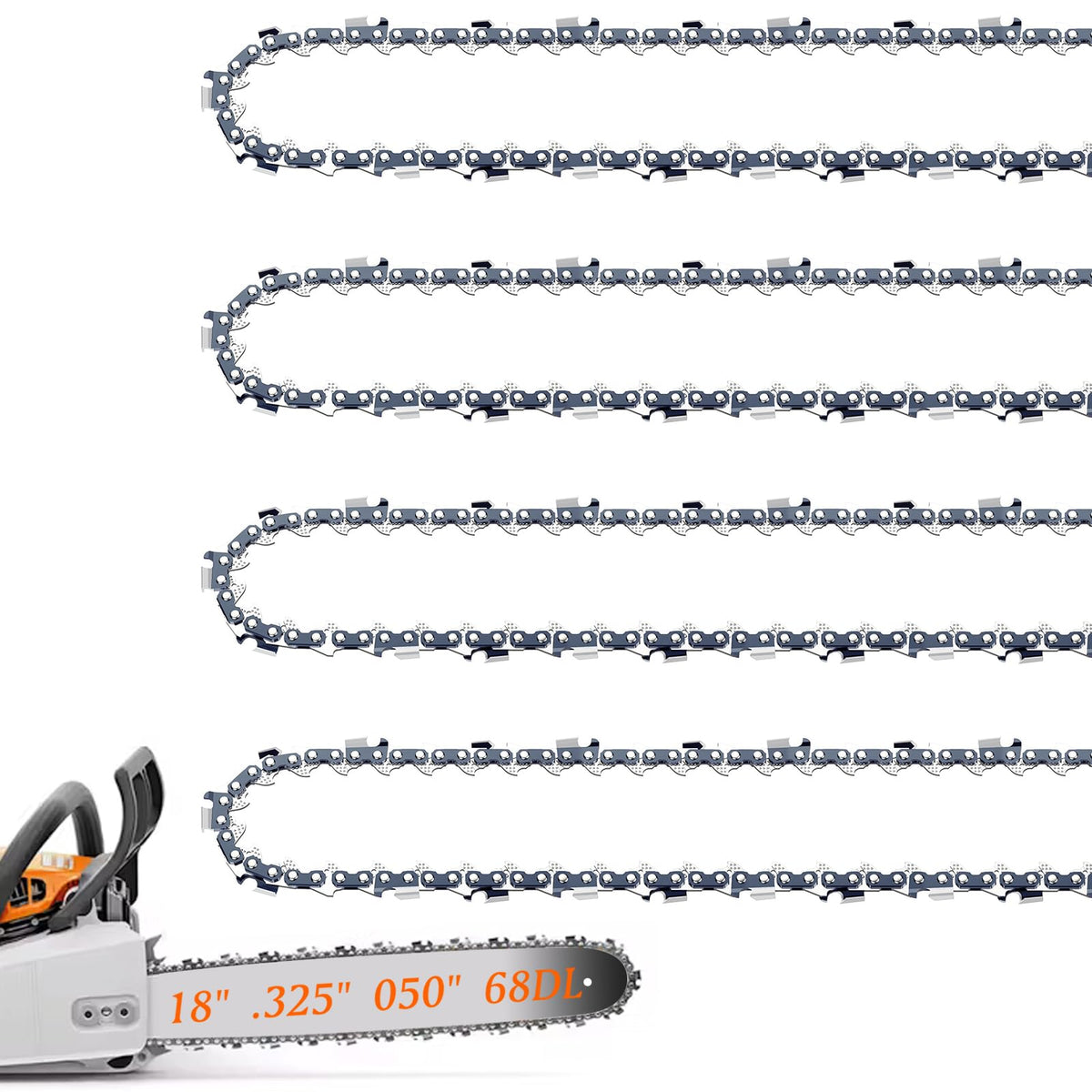 Fifchall 4-Pack 18-Inch Chainsaw Chain for Stihl .325 Pitch .050 Gauge, 68 Drive Links (MS250/MS251)