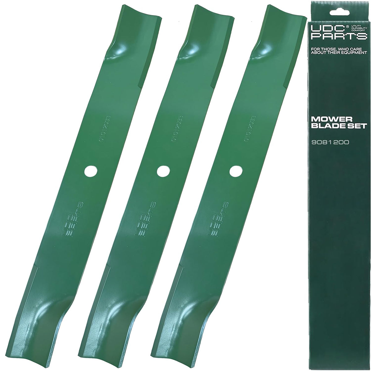 UDC Parts 09081200 high lift blade front view for 60-inch decks improves cutting efficiency.
