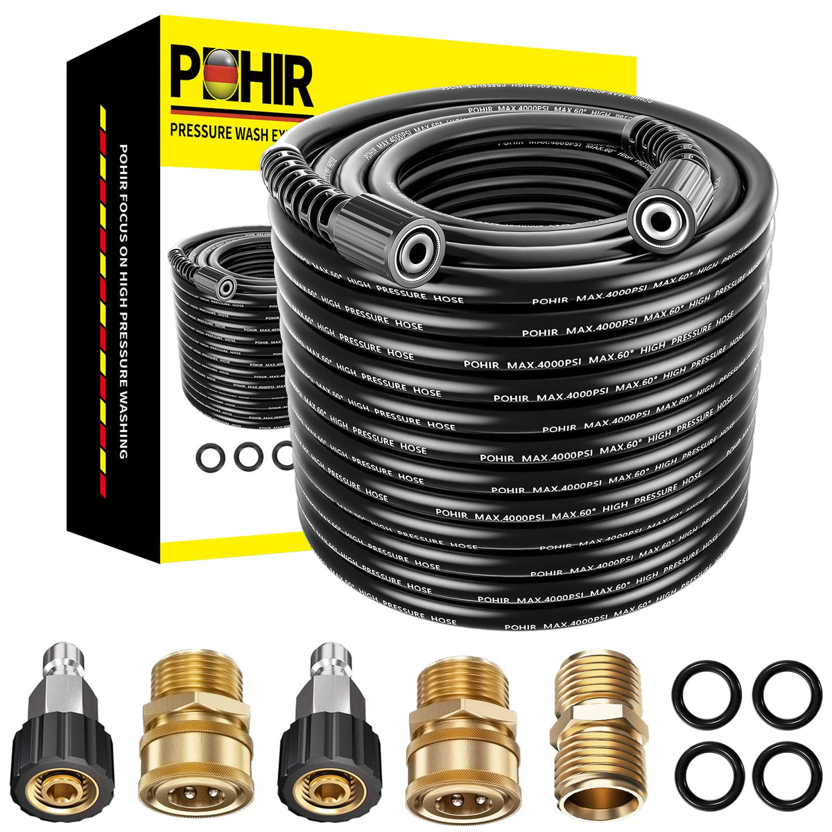 POHIR 100ft Pressure Washer Hose Kit — 4000 PSI, M22 Adapters & Quick Connects
