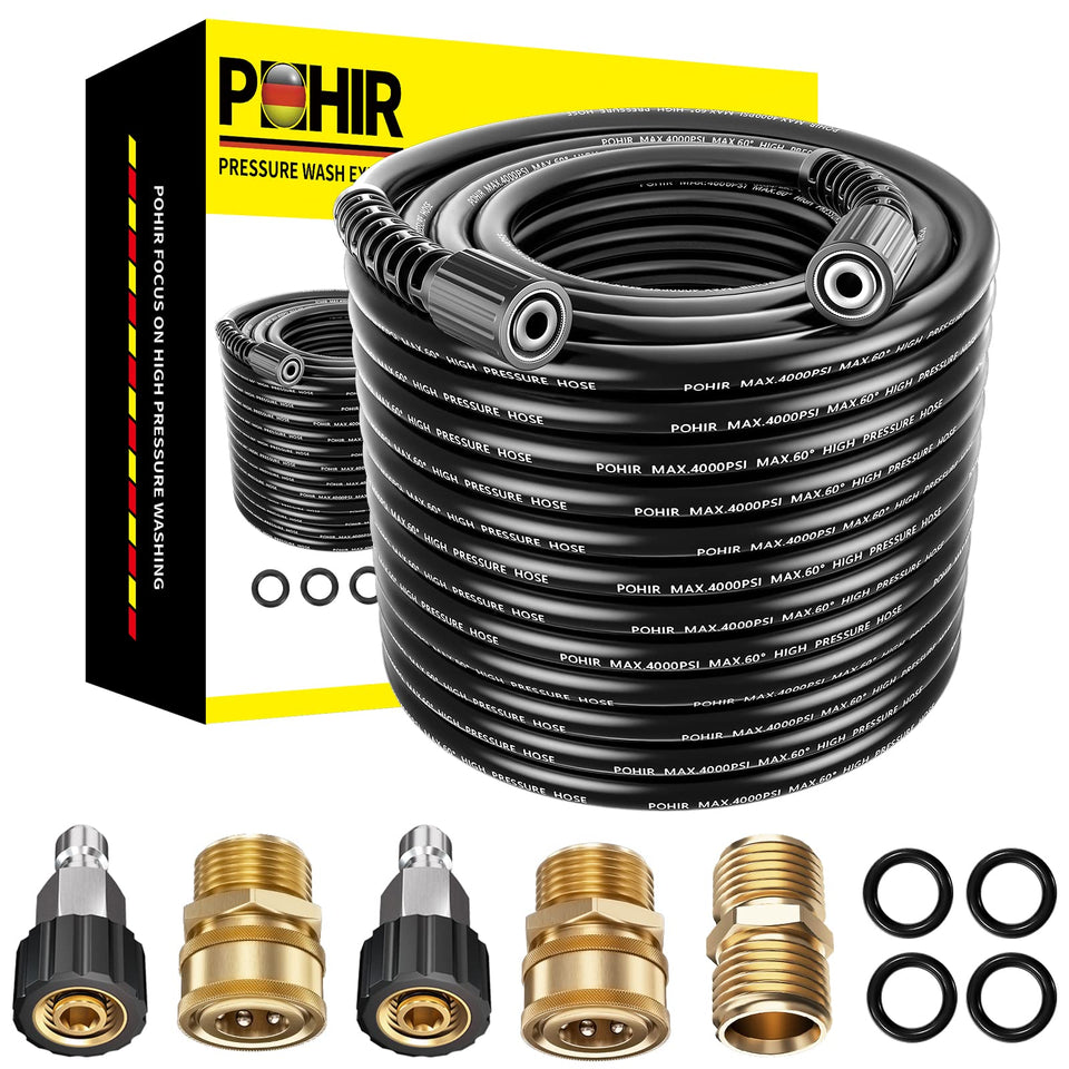 POHIR 100ft Pressure Washer Hose Kit — 4000 PSI, M22 Adapters & Quick Connects