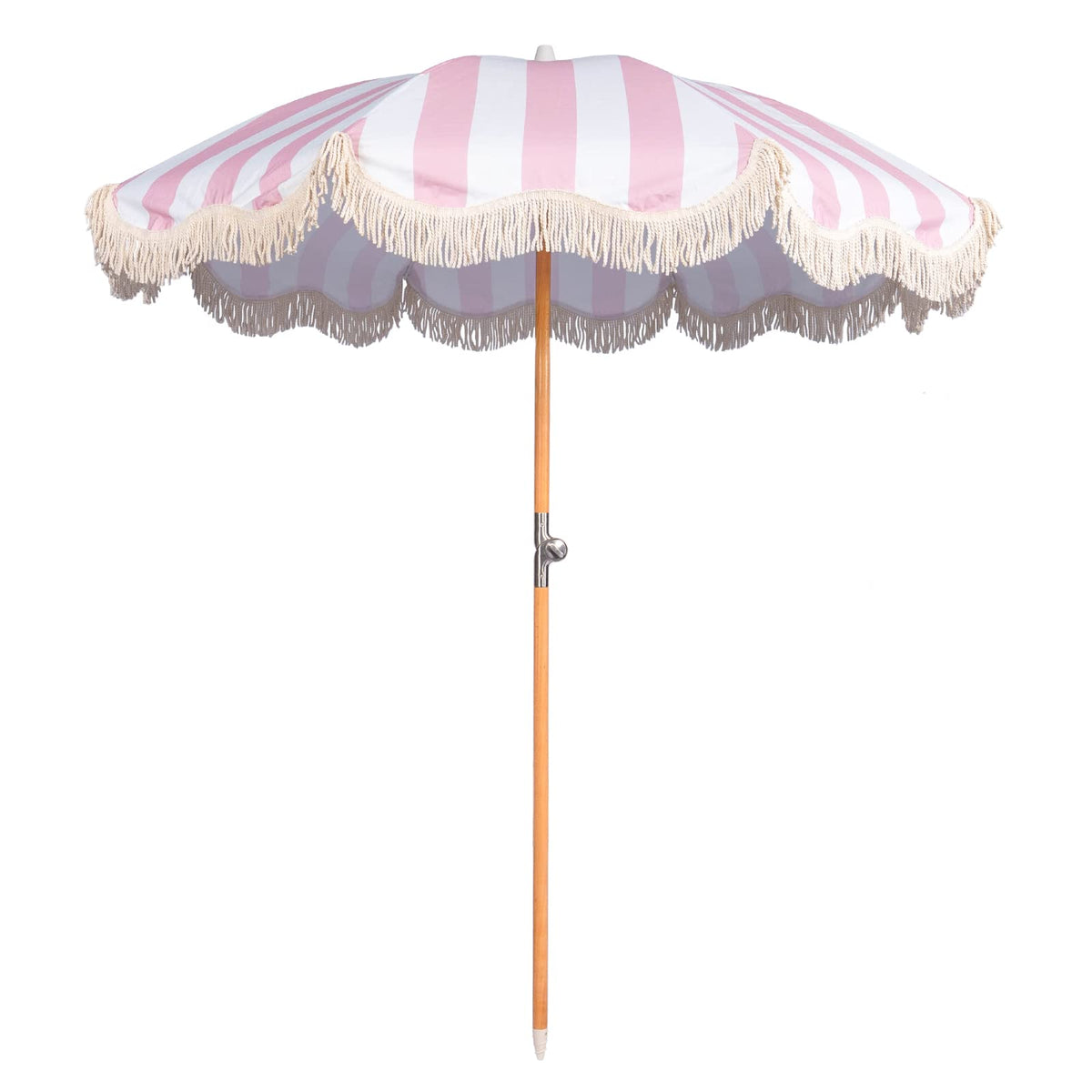 Funsite 6.5ft Boho Fringe Umbrella with UPF50+ | Pink Stripe, Wood Pole