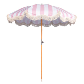Funsite 6.5ft Boho Fringe Umbrella with UPF50+ | Pink Stripe, Wood Pole