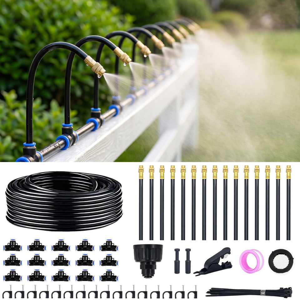 Thiswing 360° Adjustable Drip Irrigation System – 50ft, 15 Brass Misting Nozzles, 1/4-Inch Tubing