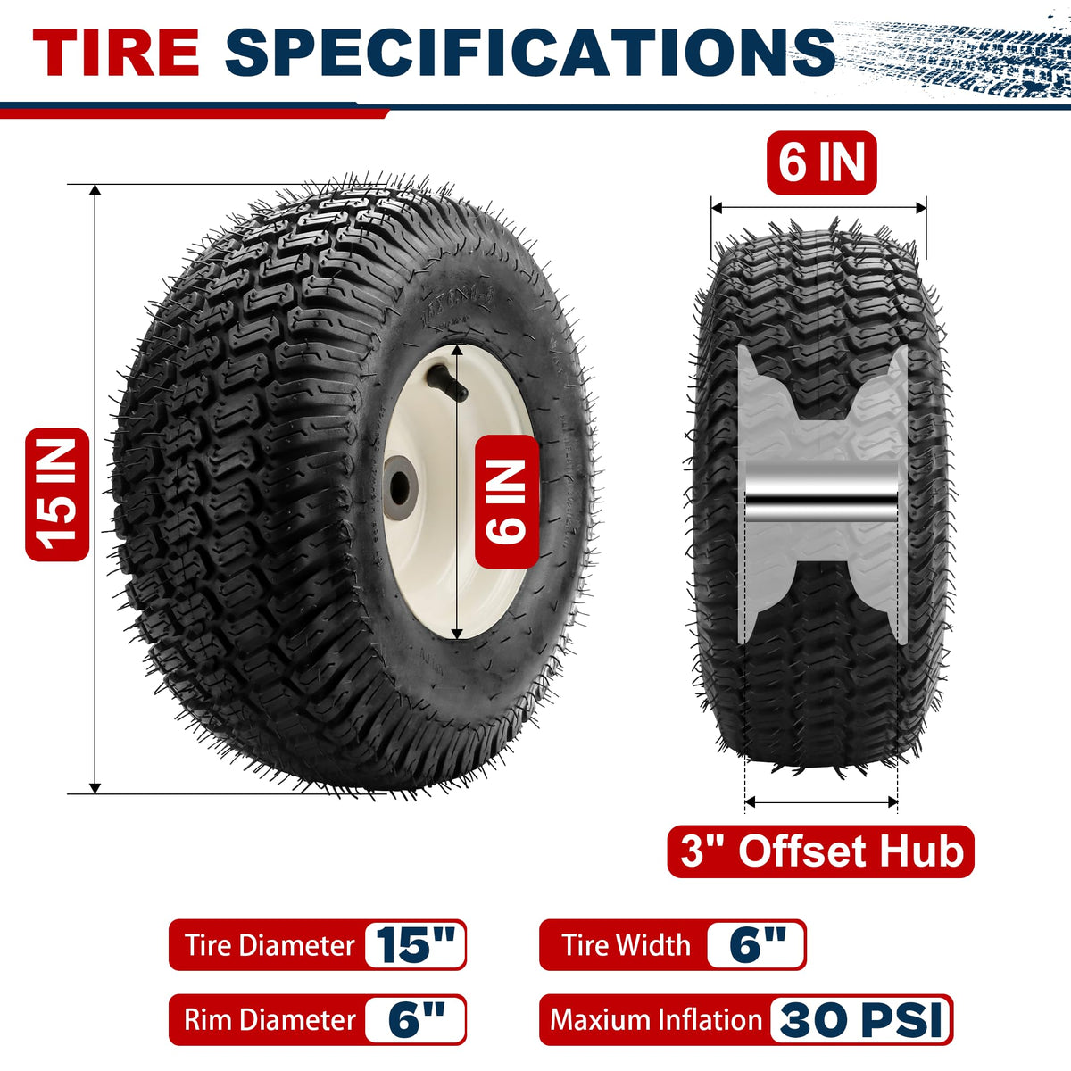 Vypart 2-Pack NHS Front Lawn Mower Tires & Wheels – 15x6.00-6, 3