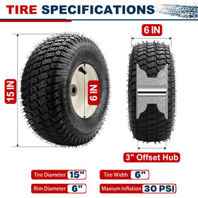 Vypart 2-Pack NHS Front Lawn Mower Tires & Wheels – 15x6.00-6, 3