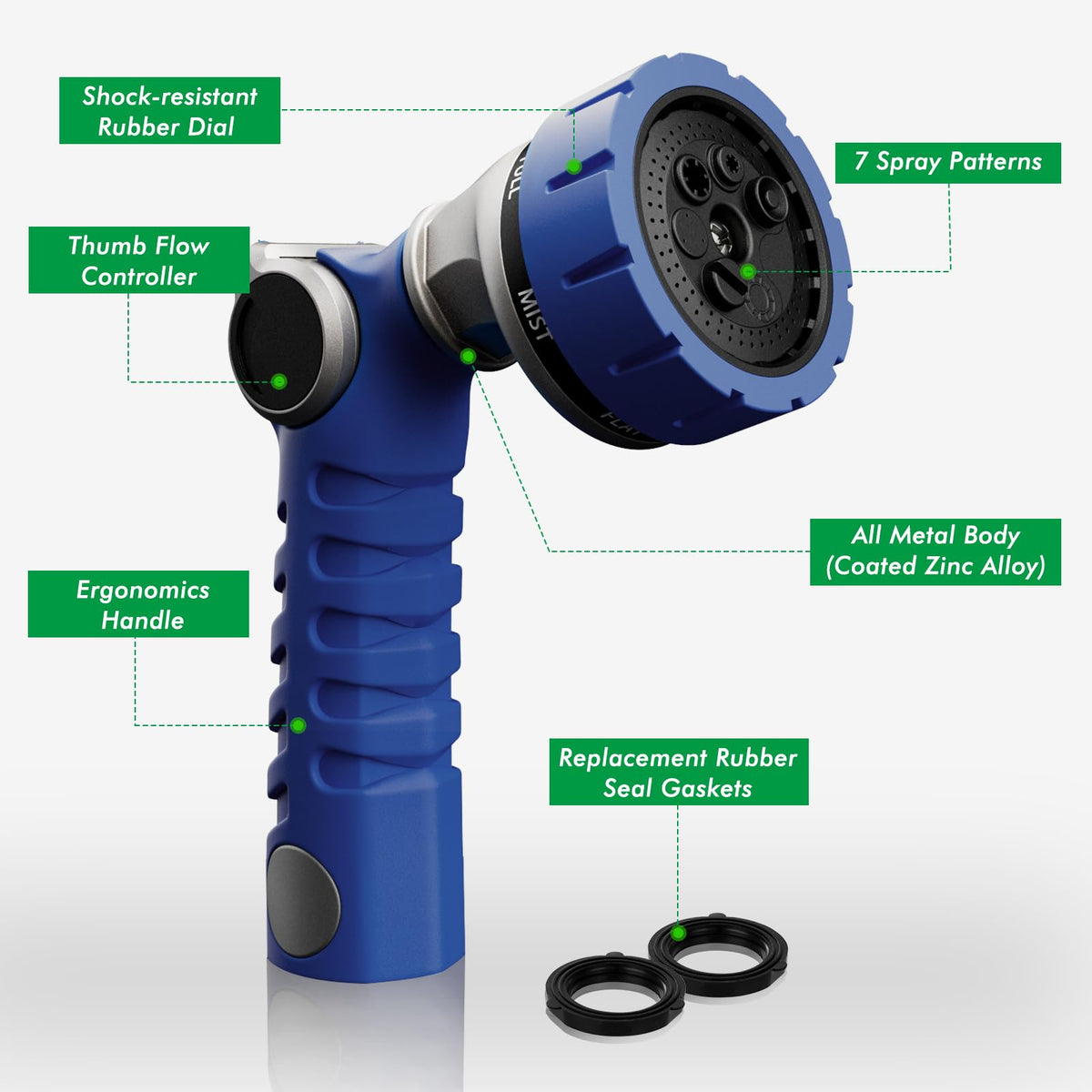 Restmo Heavy-Duty Hose Nozzle – 7-Pattern Metal Sprayer with Thumb Control (3/4