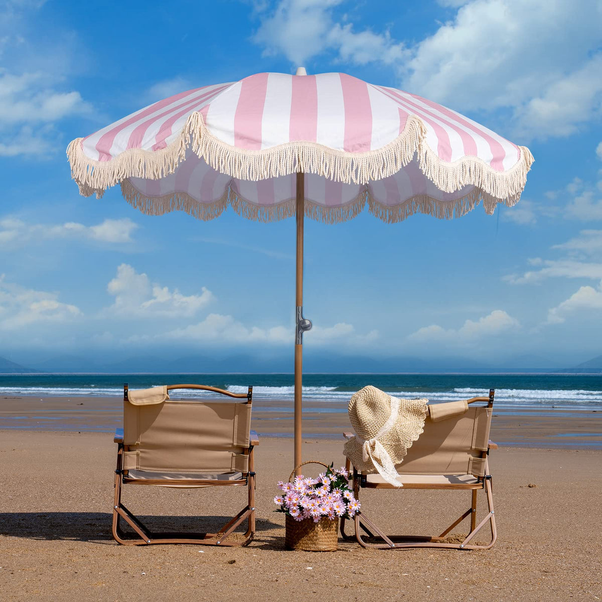 Funsite 6.5ft Boho Fringe Umbrella with UPF50+ | Pink Stripe, Wood Pole