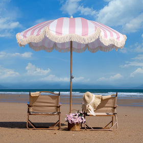 Funsite 6.5ft Boho Fringe Umbrella with UPF50+ | Pink Stripe, Wood Pole