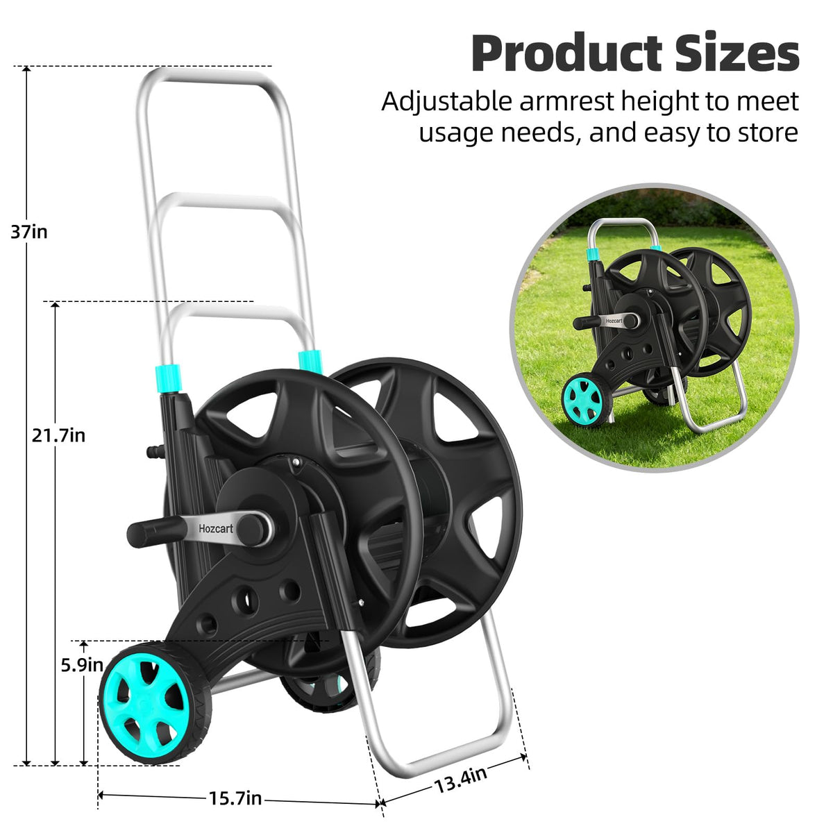 HOZCART Garden Hose Reel – Heavy-Duty Metal Cart for 100–120 ft of 5/8