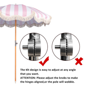 Funsite 6.5ft Boho Fringe Umbrella with UPF50+ | Pink Stripe, Wood Pole