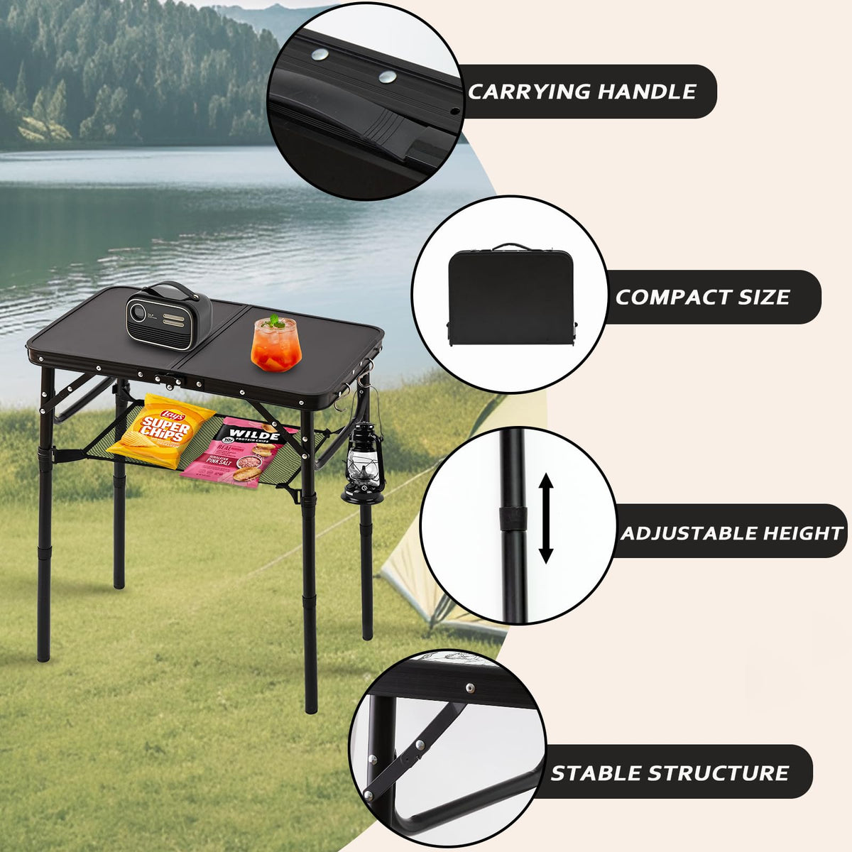 YihuiKo Folding Picnic Table with Storage Net – Matte Black Aluminum, 23.6 x 15.8, 27.5 inch max height
