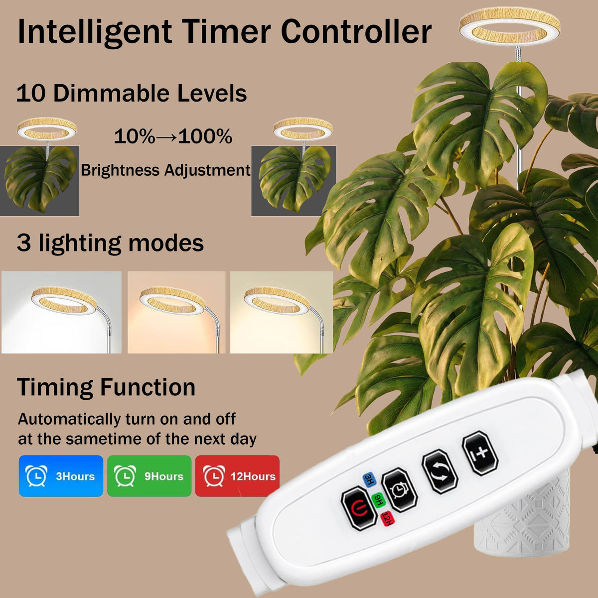 MUSELUCE Grow Light for Indoor Plants | Full Spectrum LED, Wood Grain Finish, 9.8–65in Height, Auto Timer