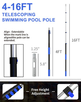 SKGPOLE Swimming Pool Pole — 16 ft Telescopic Aluminum, Universal 1-1/4