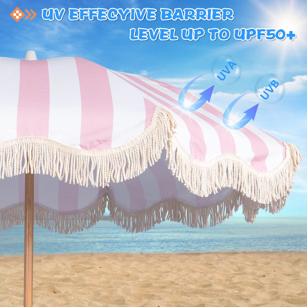 Funsite 6.5ft Boho Fringe Umbrella with UPF50+ | Pink Stripe, Wood Pole