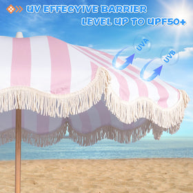 Funsite 6.5ft Boho Fringe Umbrella with UPF50+ | Pink Stripe, Wood Pole