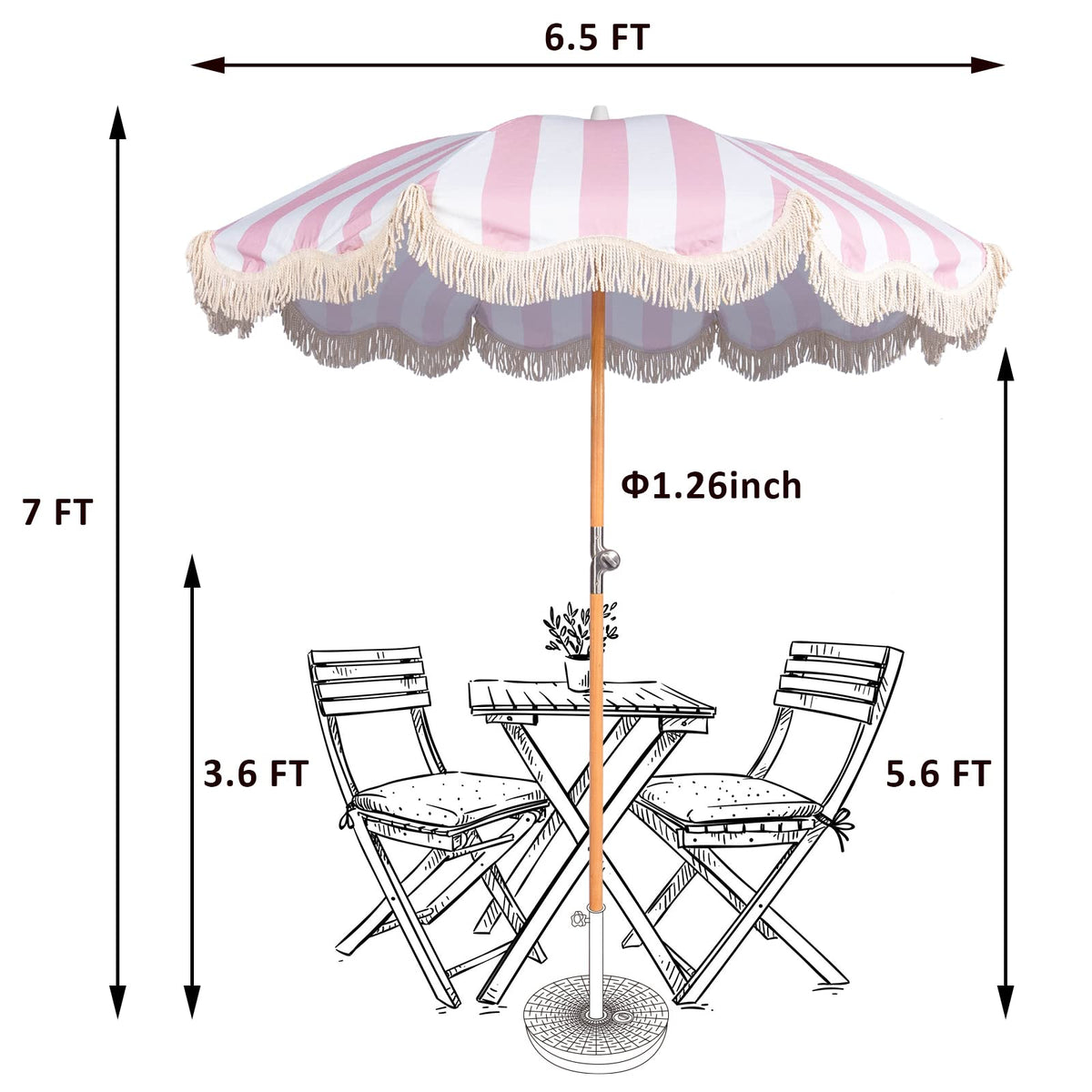 Funsite 6.5ft Boho Fringe Umbrella with UPF50+ | Pink Stripe, Wood Pole