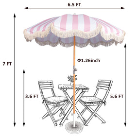 Funsite 6.5ft Boho Fringe Umbrella with UPF50+ | Pink Stripe, Wood Pole