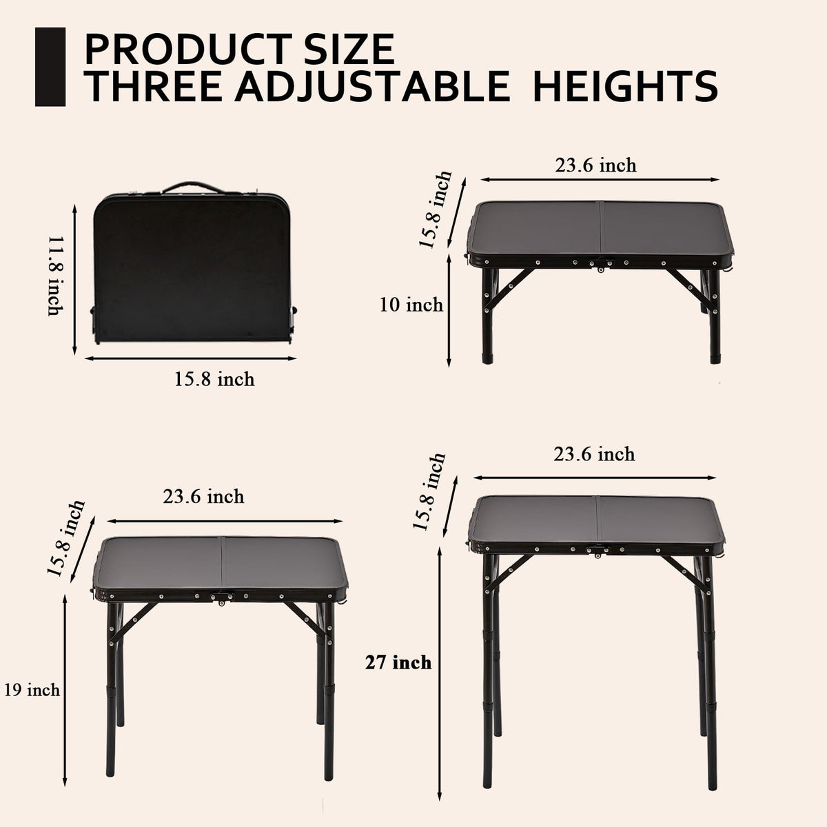YihuiKo Folding Picnic Table with Storage Net – Matte Black Aluminum, 23.6 x 15.8, 27.5 inch max height