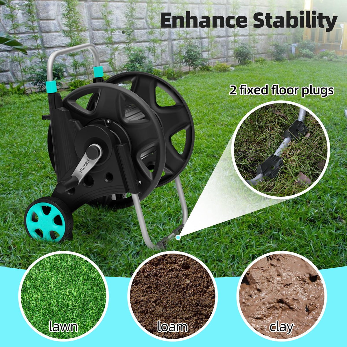 HOZCART Garden Hose Reel – Heavy-Duty Metal Cart for 100–120 ft of 5/8