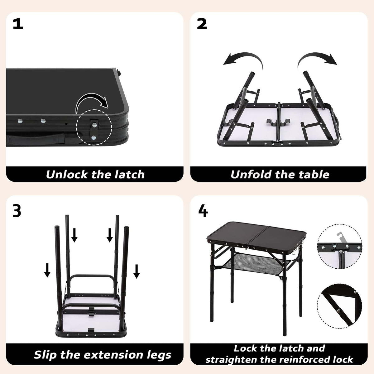 YihuiKo Folding Picnic Table with Storage Net – Matte Black Aluminum, 23.6 x 15.8, 27.5 inch max height
