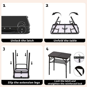 YihuiKo Folding Picnic Table with Storage Net – Matte Black Aluminum, 23.6 x 15.8, 27.5 inch max height