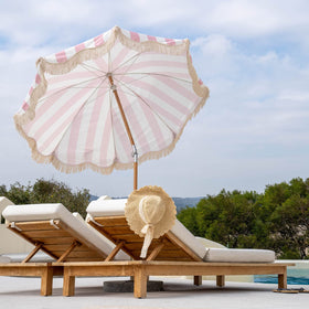 Funsite 6.5ft Boho Fringe Umbrella with UPF50+ | Pink Stripe, Wood Pole
