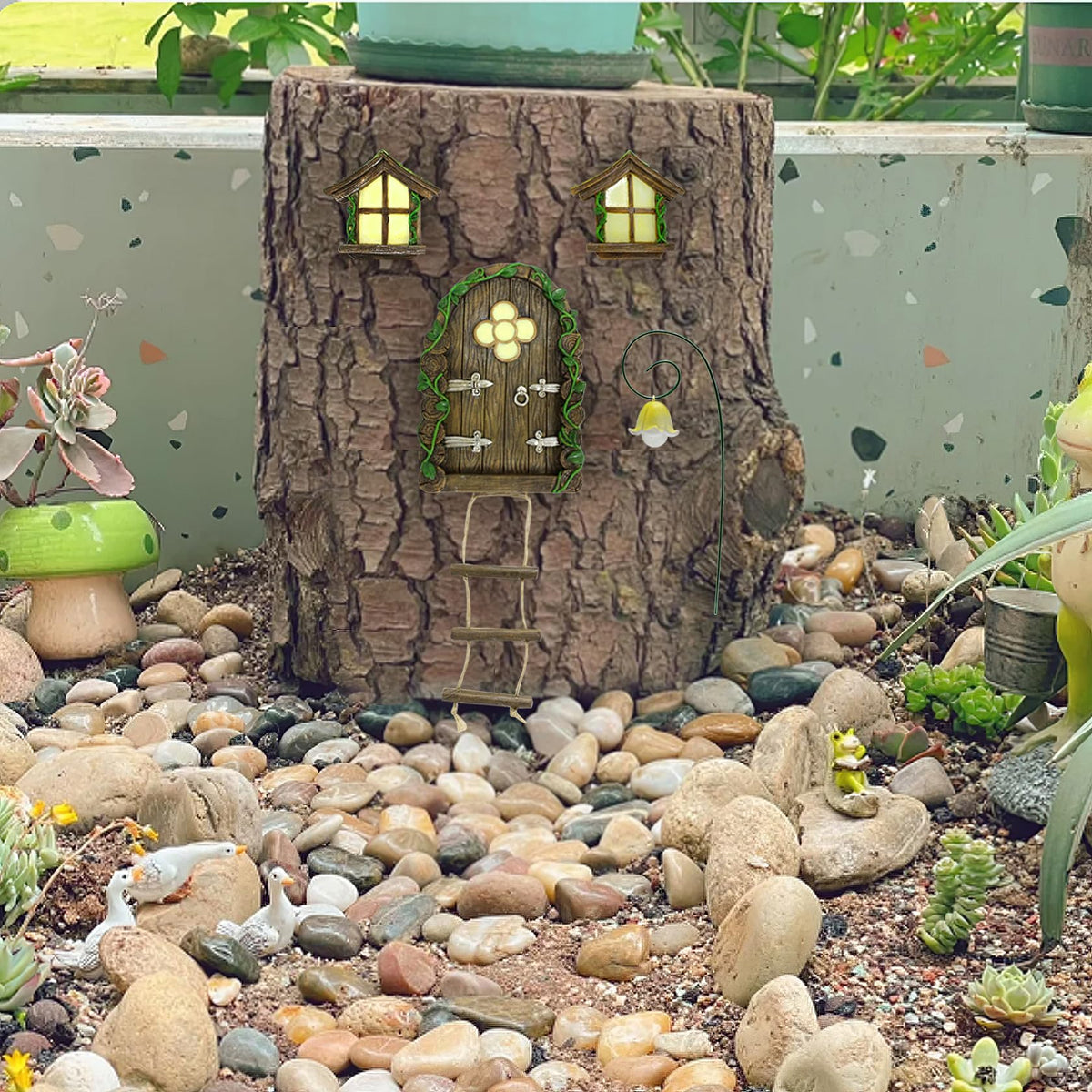 IMOFEE gnome-house mounted on a tree adds a whimsical outdoor focal point.