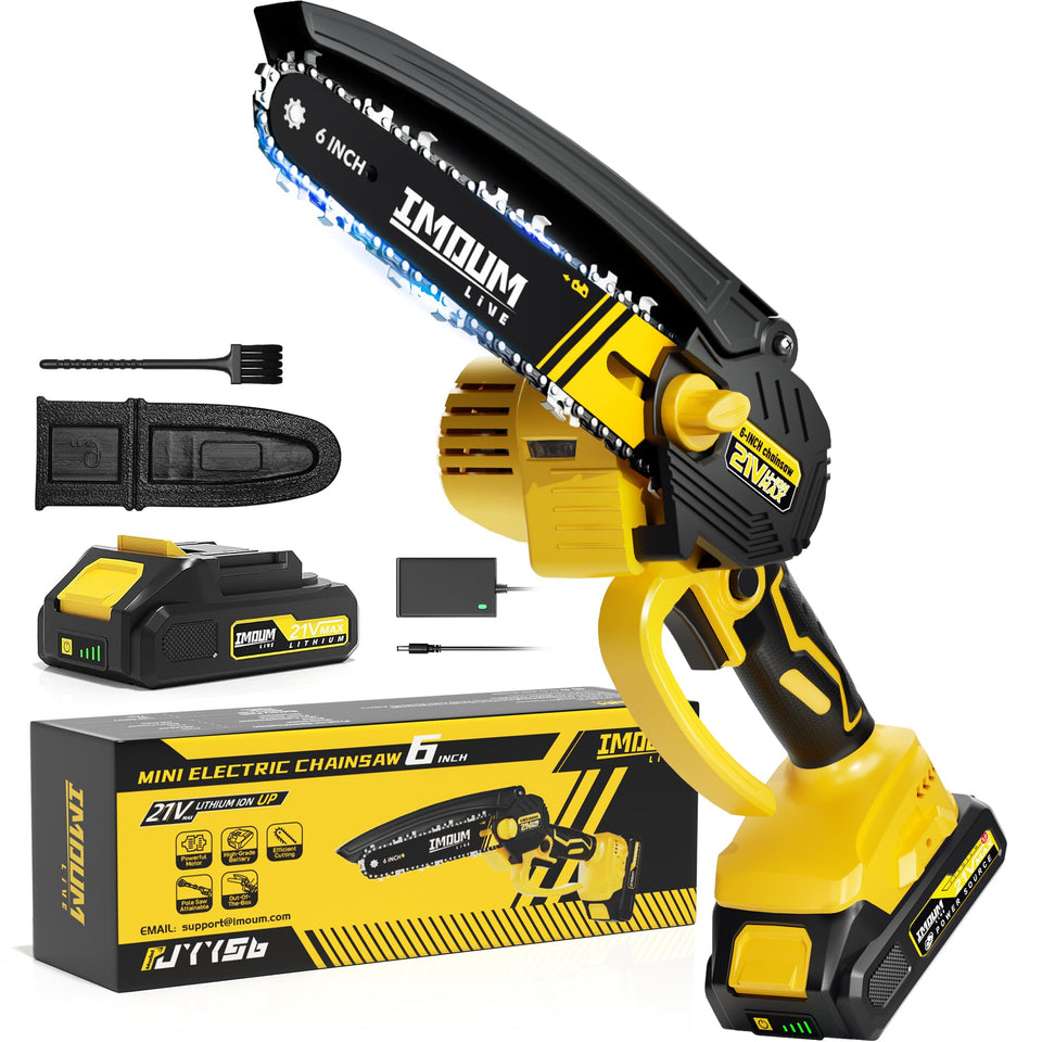 IMOUMLIVE 6-inch cordless mini chainsaw for easy one-handed pruning and precise cuts.