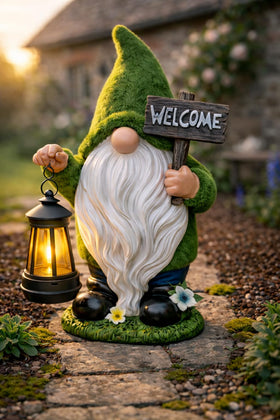 IMPECCABLE GOODS garden gnome with LED lantern lights pathways at night.