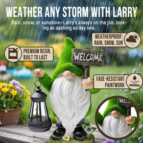 IMPECCABLE GOODS 11-inch gnome statue providing warm outdoor illumination.