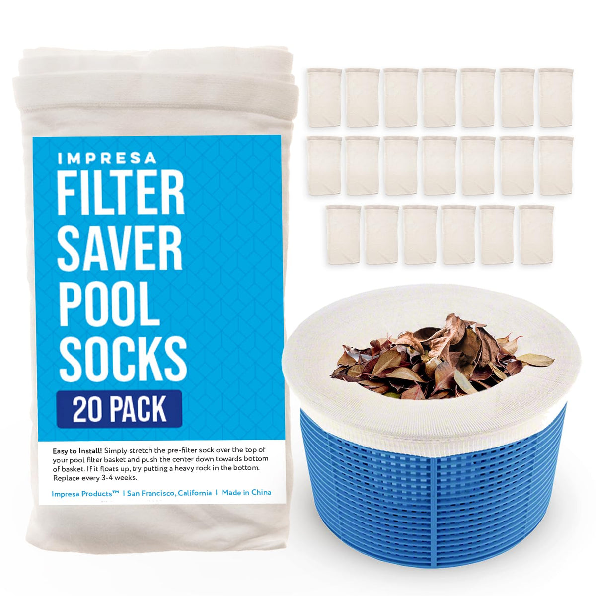 IMPRESA pool socks on a skimmer basket catching debris for cleaner water.