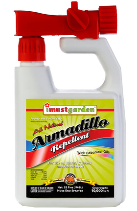 IMUSTGARDEN Armadillo Repellent bottle pour demonstrates quick hose-end use for lawn protection
