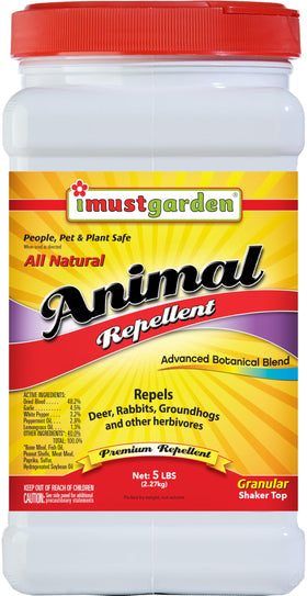 IMUSTGARDEN deer rabbit groundhog repellent granules in a 5lb bag for seasonal garden protection.