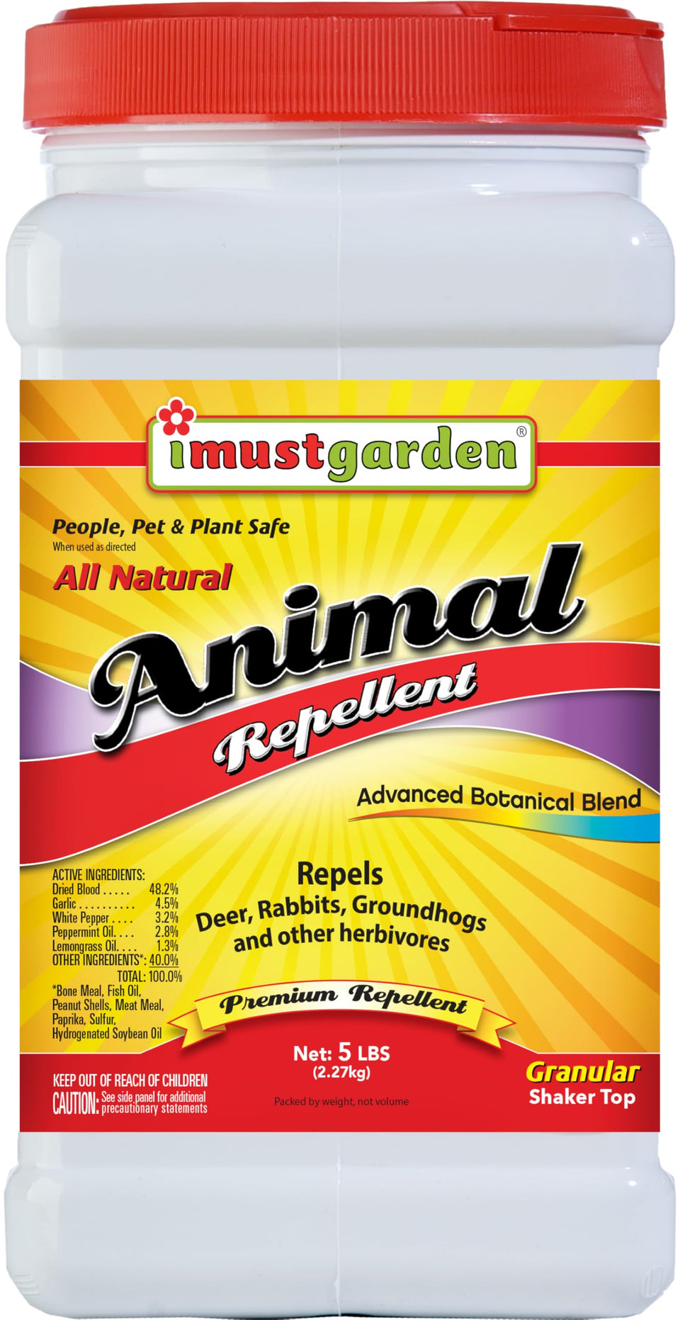 IMUSTGARDEN deer rabbit groundhog repellent granules in a 5lb bag for seasonal garden protection.