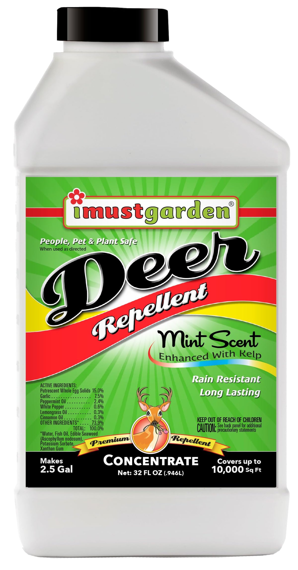 IMUSTGARDEN Deer Repellent Concentrate bottle with mint scent deters rabbits safely.