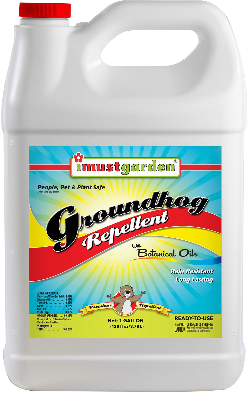IMUSTGARDEN Groundhog Repellent label close-up highlights natural ingredients.